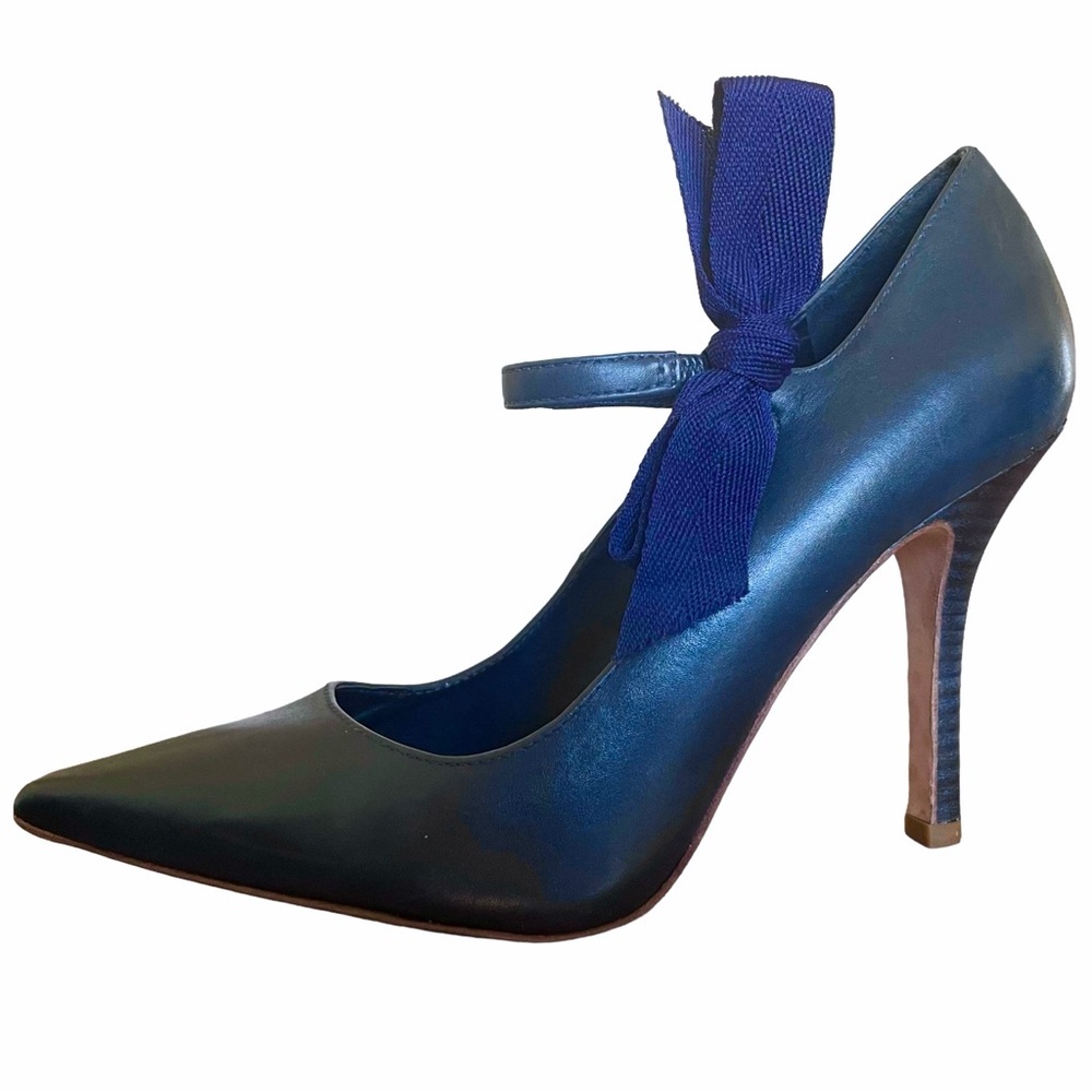 Tory Burch Beverly Navy Leather Bow Mary Jane Pumps Size 9 Pointed Toe Heels - Picture 4 of 10